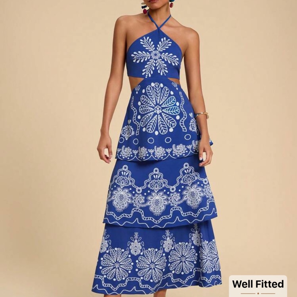 Elegant Blue and White Halter Dress